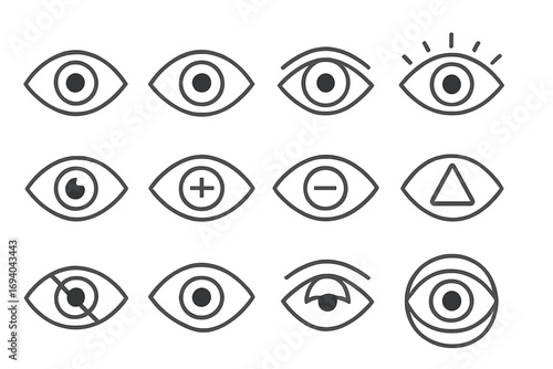 Eye thin line icon set. Vision, sight, and ophthalmology outline signs. Vector symbols for graphic and web design, apps. Look, watch, view, see, open, hidden, zoom icons.
