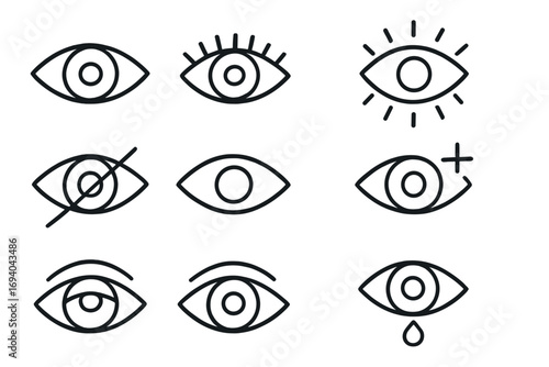 Eye thin line icon set. Vector pictograms for vision, sight, and ophthalmology. Concepts of looking, seeing, blindness, crying, sleepiness and vision correction symbols.