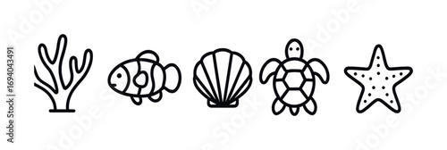 Black and white ocean icons: coral, fish, shell, turtle, starfish