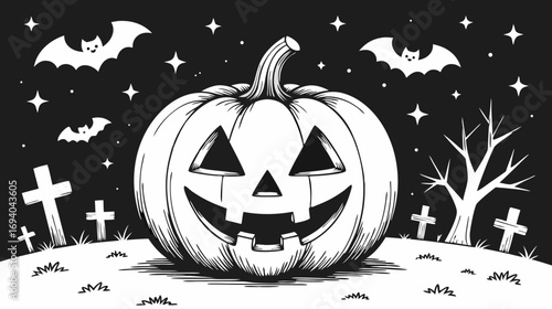Halloween pumpkin with carved face in graveyard under bats  