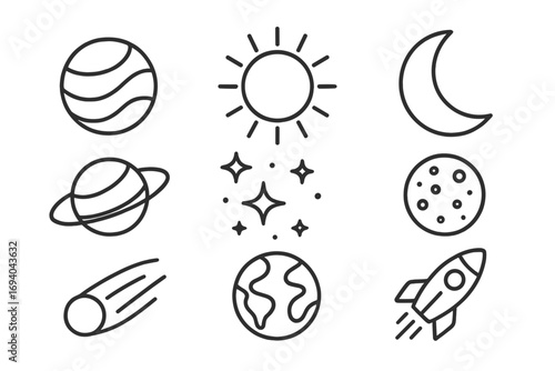 Set of cosmos and space related line icons including planets, sun, moon, stars, comet, earth, and rocket ship. Outline vector signs for graphic design, web, apps, adverts, and space themes