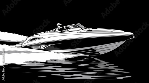 Speedboat gliding on water with wake against black background  