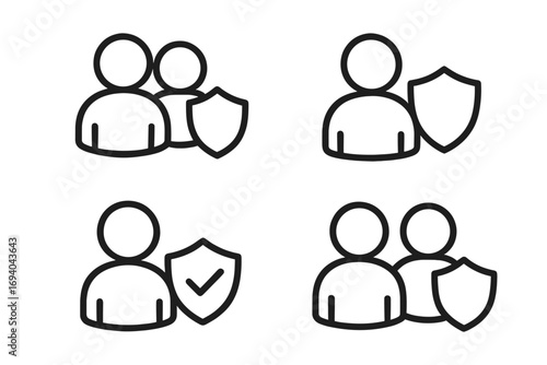 Road with mountains and shield icon set for interface design, posts, advertisements, security symbol, protection concept, vector cartoon illustration with transparent background, ordered group