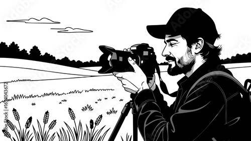Male photographer capturing nature scenery with camera outdoors  