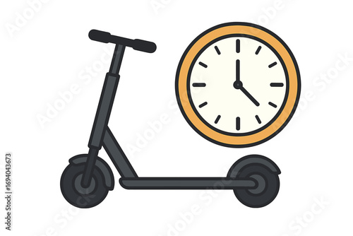 Electric scooter and clock time concept, isolated vector illustration with transparent background, urban transport and punctuality symbol for apps, websites, books and cards
