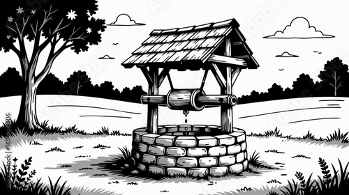 Traditional stone well with wooden roof in rural landscape  