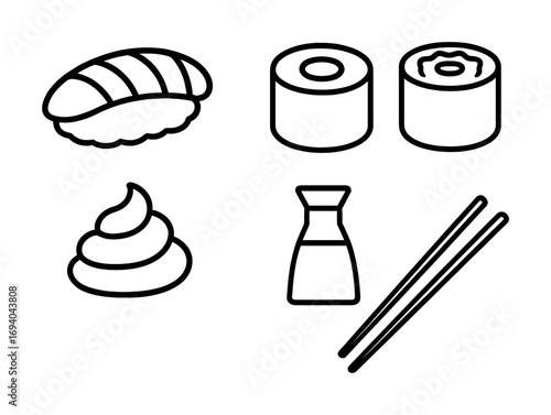 Black and white line art of sushi, soy sauce, and chopsticks featuring nigiri and maki