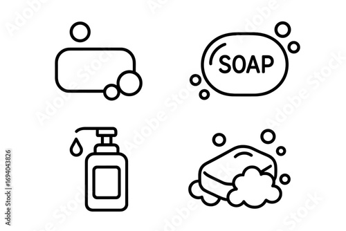 Set of minimalistic soap line icons with bubbles, liquid soap dispenser, foam, bar soap illustration, hygiene symbols for web, graphic design, apps, banners, social media cards