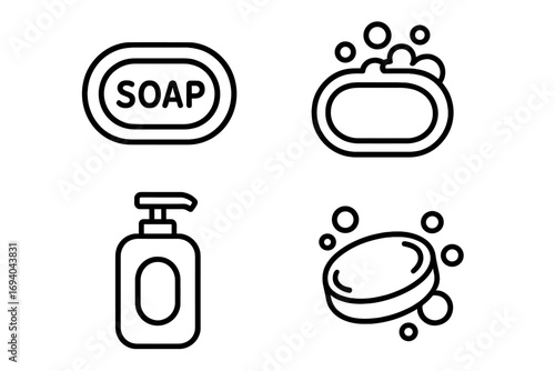 Set of Minimalistic Linear Soap Icons, Clean Hygiene Symbols for Web, Apps, Banners, Social Media, Graphic Design, Vector Cartoon Illustration with Soap Bar and Dispenser