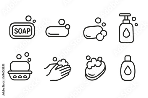 Minimalist Soap Icons Set with Bubbles, Linear Hygiene Pictograms for Web Design, Apps, Banners, Social Media, and Graphic Projects, Vector Cleanliness Illustration