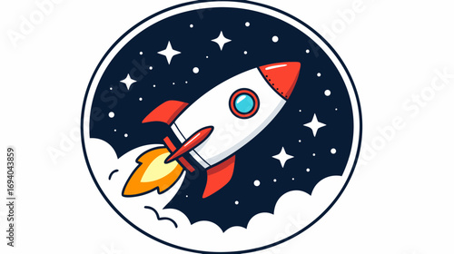 Cartoon rocket launching through space with stars and clouds  