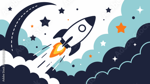 Rocket launching through clouds and stars in space illustration  