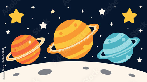 Colorful planets orbiting in a starry night sky with moon  