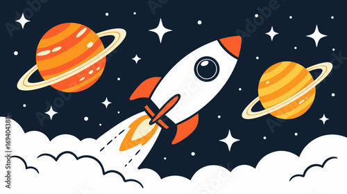 Cartoon rocket launching through space with planets and stars  
