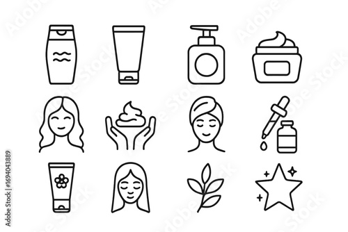 Minimalistic linear shampoo gel skin care beauty product icon set for web apps banners social media beauty routine vector cartoon design elements