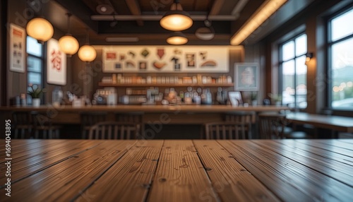 Wallpaper Mural Warm inviting cafe interior with wooden table ready for customers to enjoy coffee and conversation Torontodigital.ca