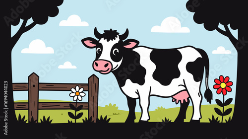 Cartoon cow standing by fence in a colorful farm landscape  