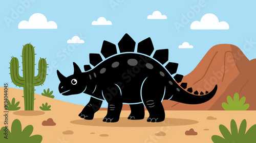 Cartoon stegosaurus dinosaur walking in desert landscape with cactus  