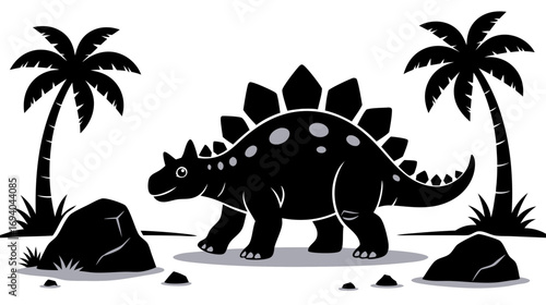 Stegosaurus walking among rocks and palm trees in black silhouette  
