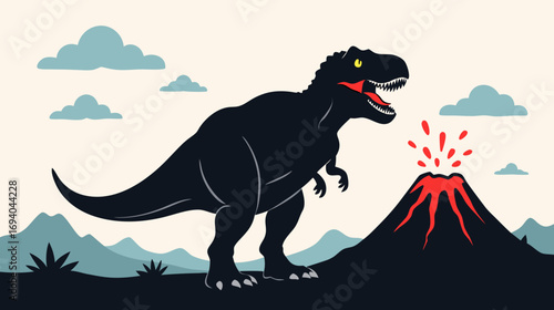 Black dinosaur roaring near erupting volcano with mountains in background  
