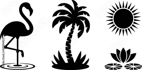 Tropical paradise elements: flamingo, palm tree, sun, and lotus flower.