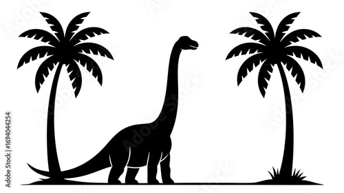 Silhouette of dinosaur standing between two palm trees in nature  