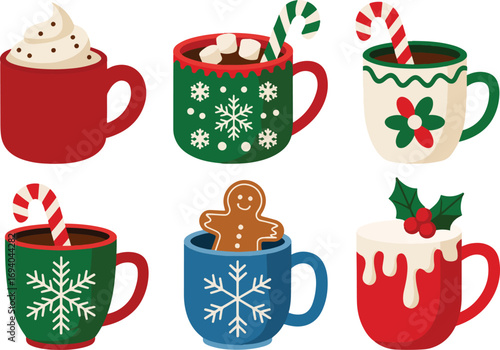 Christmas Mug Vector Set – Holiday Hot Chocolate and Winter Drinks Clipart