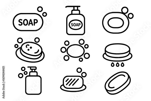 Skin care outline vector icons collection. Minimalistic linear soap and liquid dispenser pictograms for web design, apps, banners, social media, and digital graphics, hygiene concepts