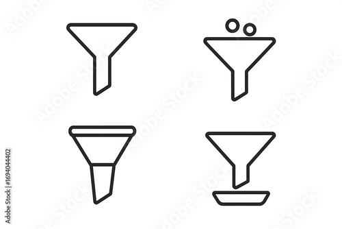 Funnel outline icon set. Sales funnel for marketing and lead generation. Data filtering and conversion process. Pipeline diagram infographic element. Vector filter symbol.