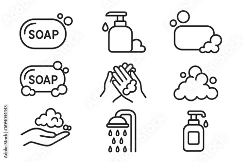 Soap line icon bundle with minimalistic linear soap bar, liquid soap dispenser, hand washing, bubbles, shower icon, hygiene symbols for web design, apps, social media, banners, cards