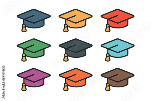 Colorful Academic Cap Icon Bundle, Graduaton Mortarboard Set in Multiple Colors, Square Flat Vector Pictograms for Education, Web, Graphic Design, Apps, Social Media, Cards