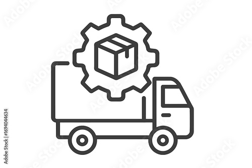 Delivery logistics truck with gear and package symbol, cargo transport concept, shipping and distribution icon, vector line illustration, supply chain and freight services