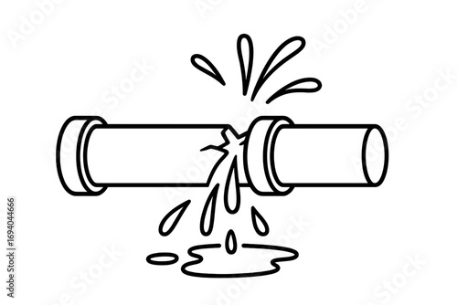 Broken pipe with water leak symbol, bursting plumbing pipe cartoon, water dripping from cracked pipe illustration, plumbing repair concept, vector graphic for apps and design