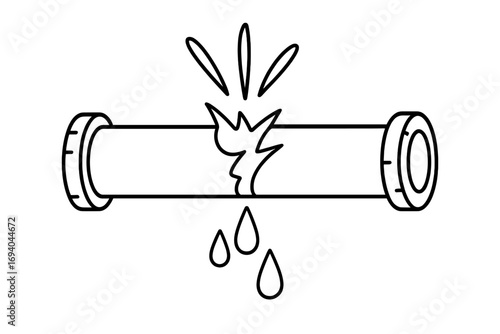 Broken water pipe leaking burst pipe symbol, leak damage icon, plumbing pipe rupture illustration, water drip concept, plumbing repair, water loss vector graphic
