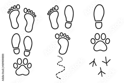 Footprint and tracks line icon set. Human foot steps, shoe prints, animal paw and bird tracks. Path and trail signs for graphic design. Vector outline collection illustration.