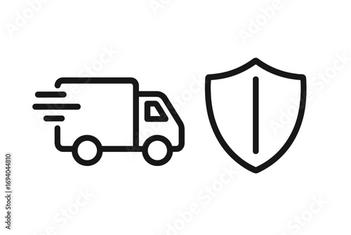 Fast delivery truck with shield protection icon minimalistic thin outline design for web, apps, banners, social media, security and logistics concept illustration vector