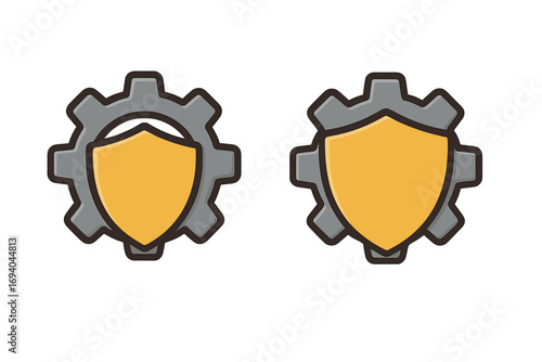 Gear and shield icon combo symbol protection and security concept technology and safety emblem vector cartoon illustration set with transparent background