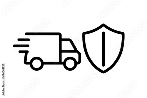 Fast delivery truck with shield icon, secure shipping concept, minimalistic thin outline vector for web, graphic design, apps, banners, social media, and cards