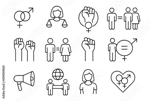 Gender equality thin line icons. Feminism. Woman empowerment. Social justice. Equal opportunity. Protest symbol. Female rights. Editable stroke vector icon collection.