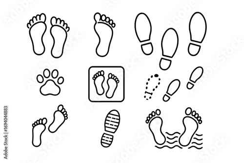 Footprint and shoe print line icon set. Human foot steps, animal paw track, and boot sole trails. Vector collection for graphic design, apps, and web elements.