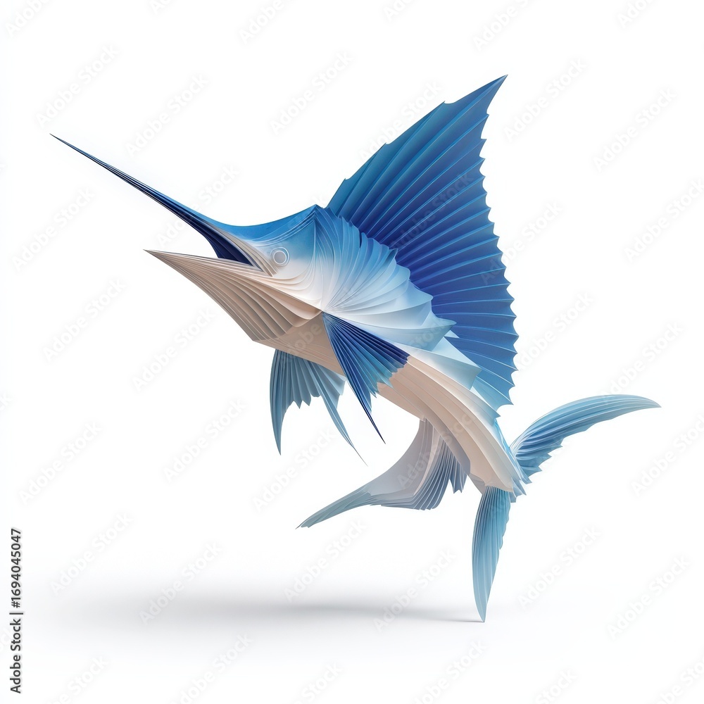Obraz premium Abstract Blue Sailfish Design Artistic Paper Craft 3D Render Illustration