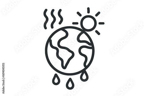 Global warming and climate change concept. Planet Earth melting, glaciers melt. Environmental problem, ecology crisis. Hot sun, rising temperature. Vector line icon.