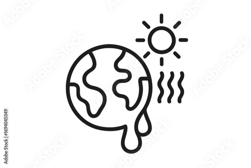 Global warming icon. Climate change metaphor. Melting planet Earth. Hot sun, heat wave. Environmental disaster, ecological problem. Save the planet concept. Vector line art.