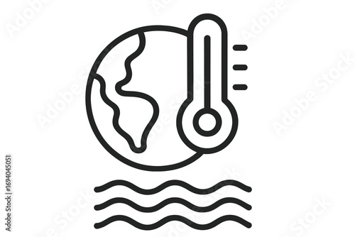 Global warming, climate change concept vector icon. Planet Earth with thermometer, high temperature. Rising sea levels, ocean. Environmental disaster, ecology, pollution symbol.