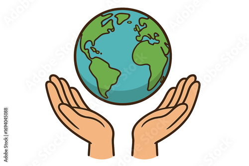 Hands holding globe. Save the planet concept. Earth day illustration. Environmental protection and care. World in your hands metaphor for global support, unity, hope, and peace.