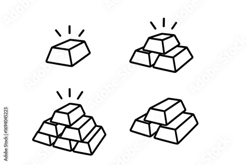 Gold bars outline sign collection, editable stroke vector, shining precious metal ingots stack, wealth and investment concept, cartoon style illustration for infographics and financial designs