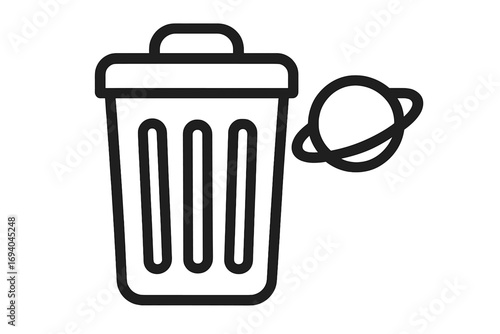 Minimalistic linear trash can and planet icon, eco-friendly waste disposal symbol with space planet ring, clean environment concept for web design, apps, banners, social media, and cards