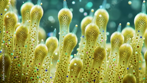 Close-up of Microscopic Cilia Structure in Detail with Bright Lighting and Dotted Texture Surface in Yellow Color Palette Biology Concept for Medical Illustration Usage Around 180 Characters