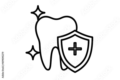 Healthy tooth with protective shield icon, dental care symbol for graphic design, web, apps, adverts, and health cards, vector cartoon illustration transparent background