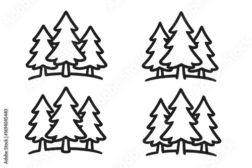 Vector cartoon forest illustration with pine trees and transparent background, graphic design element for books, adverts, apps, nature concept, greenery, landscape, woodland set